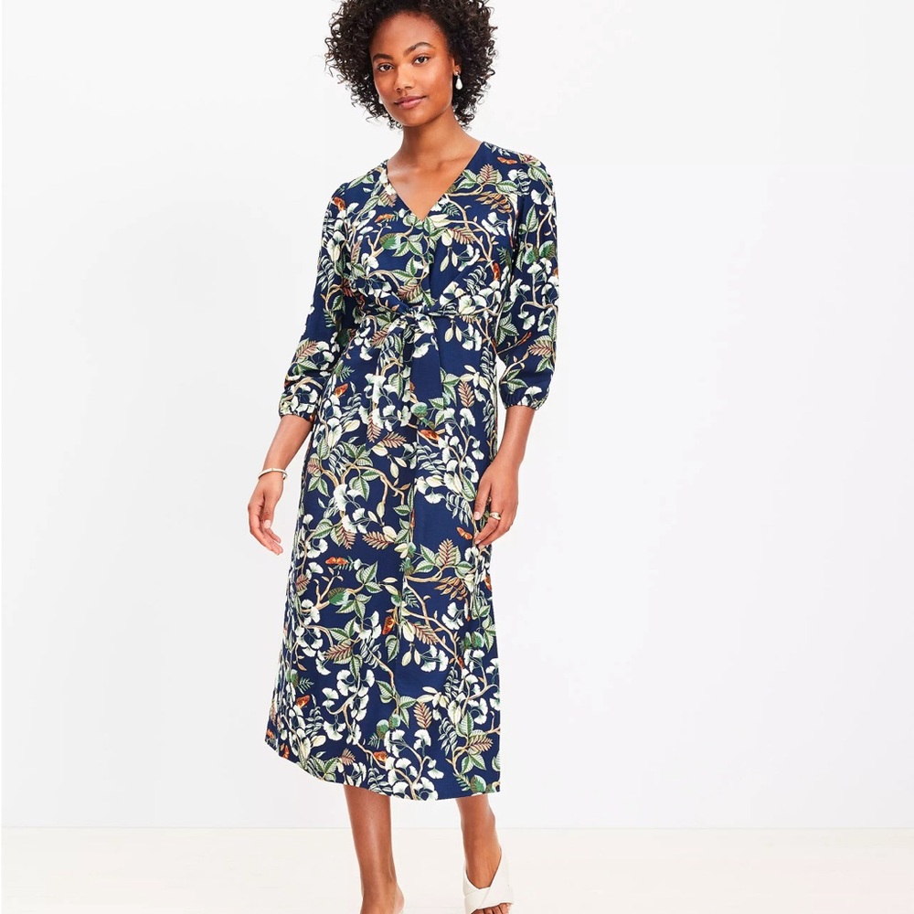 LOFT Leafed Tie Front Midi Dress